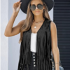 Womens Fringe Vest 70s Hippie Costume Sleeveless Cowgirl Western Faux Suede Tassel Leather Outerwear - Image 3
