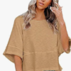 Womens Fashion T-Shirt Crewneck 3/4 Sleeves Solid Color Loose Basic Pullover Tops Summer Casual Tees Blouses - Image 2